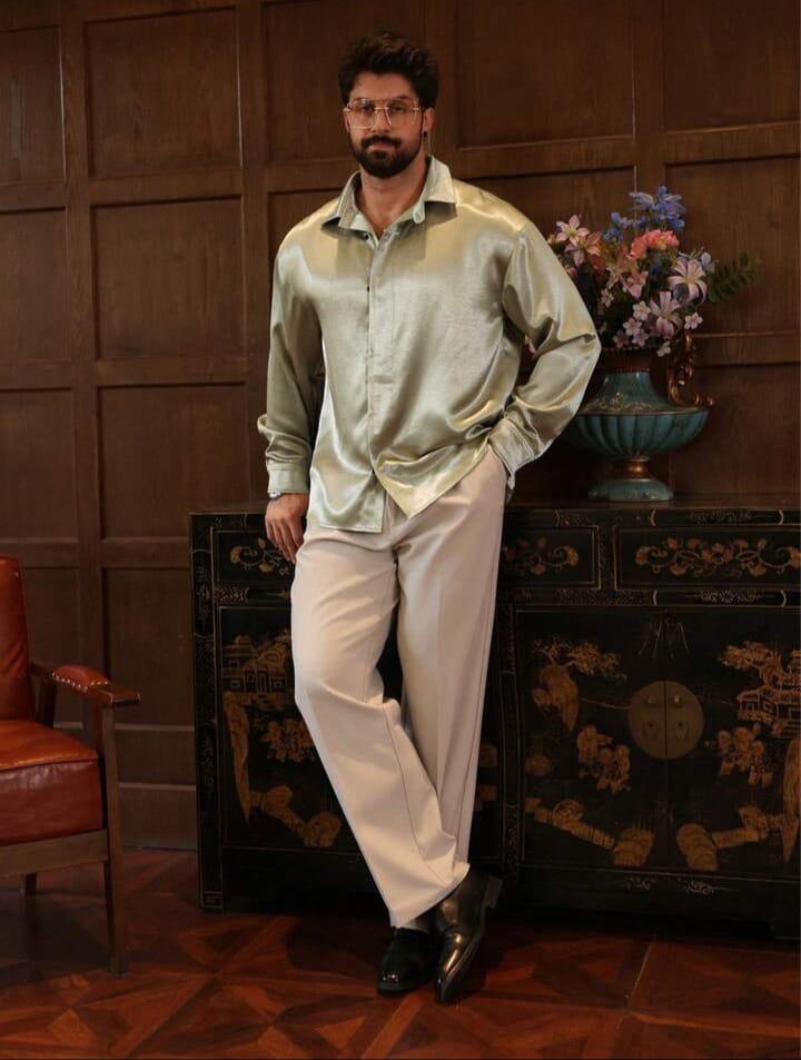 Men's Solid Green Casual Party Shirt, Spring/Summer Long Sleeve